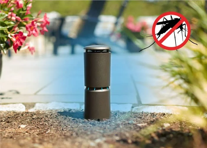 Thermacell LIV mosquito repeller installed in an outdoor yard